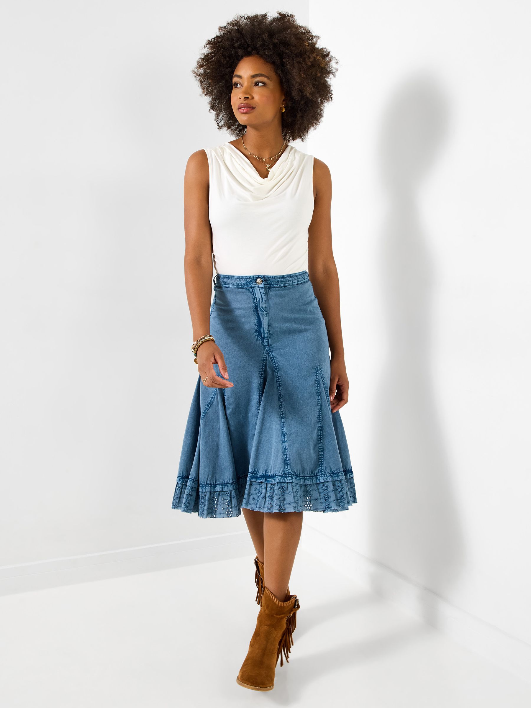 Buy Joe Browns Blue Megan Broderie Trim Godet Skirt from the Next