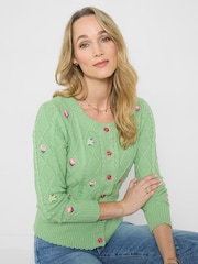 Joe Browns Green Penny Embroidered Floral Cable Knit Cardigan - Image 2 of 6