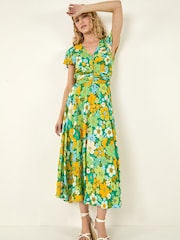 Roman Yellow Floral Ruched Midi Dress - Image 1 of 5
