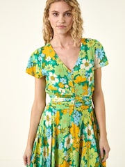 Roman Yellow Floral Ruched Midi Dress - Image 4 of 5