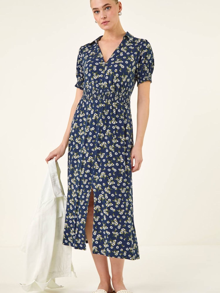 Roman Blue Ditsy V-Neck Midi Dress - Image 2 of 5 Roman Blue Ditsy V-Neck Midi Dress - Image 2 of 5