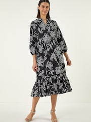 Roman Black Floral Puff Print Buttoned Midi Dress - Image 1 of 5