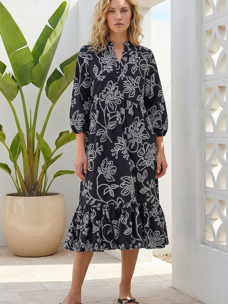 Roman Black Floral Puff Print Buttoned Midi Dress - Image 1 of 5 Roman Black Floral Puff Print Buttoned Midi Dress - Image 1 of 5