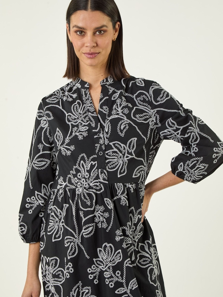 Roman Black Floral Puff Print Buttoned Midi Dress - Image 5 of 5 Roman Black Floral Puff Print Buttoned Midi Dress - Image 5 of 5