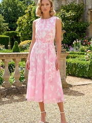 Roman Pink Floral Chiffon Pleat Neck Dress - Image 1 of 5