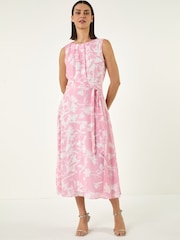 Roman Pink Floral Chiffon Pleat Neck Dress - Image 2 of 5