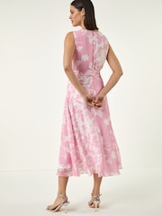 Roman Pink Floral Chiffon Pleat Neck Dress - Image 3 of 5