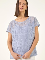 Roman Blue Lace Overlay Top - Image 1 of 5