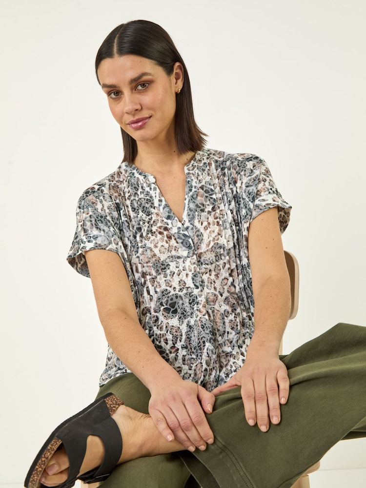 Roman Natural Animal Print Pintuck Burnout Shirt - Image 1 of 5 Roman Natural Animal Print Pintuck Burnout Shirt - Image 1 of 5