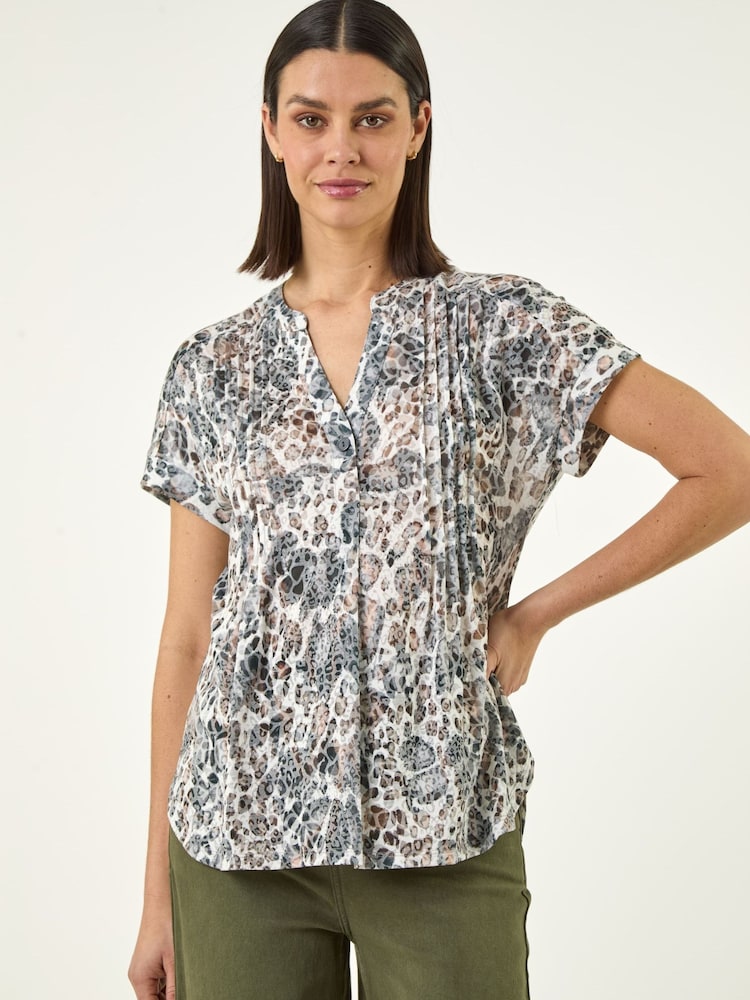 Roman Natural Animal Print Pintuck Burnout Shirt - Image 2 of 5 Roman Natural Animal Print Pintuck Burnout Shirt - Image 2 of 5