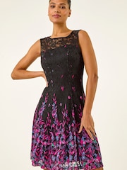 Roman Pink Leaf Print Lace Stretch Dress - Image 1 of 5