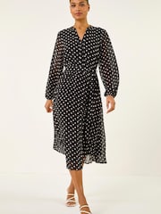 Roman Black Spot Print Pleated Midi Dress - Image 1 of 5