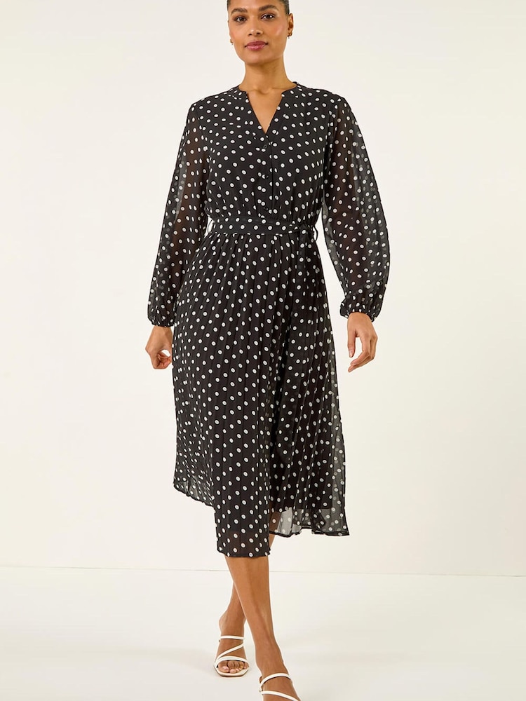 Roman Black Spot Print Pleated Midi Dress - Image 1 of 5