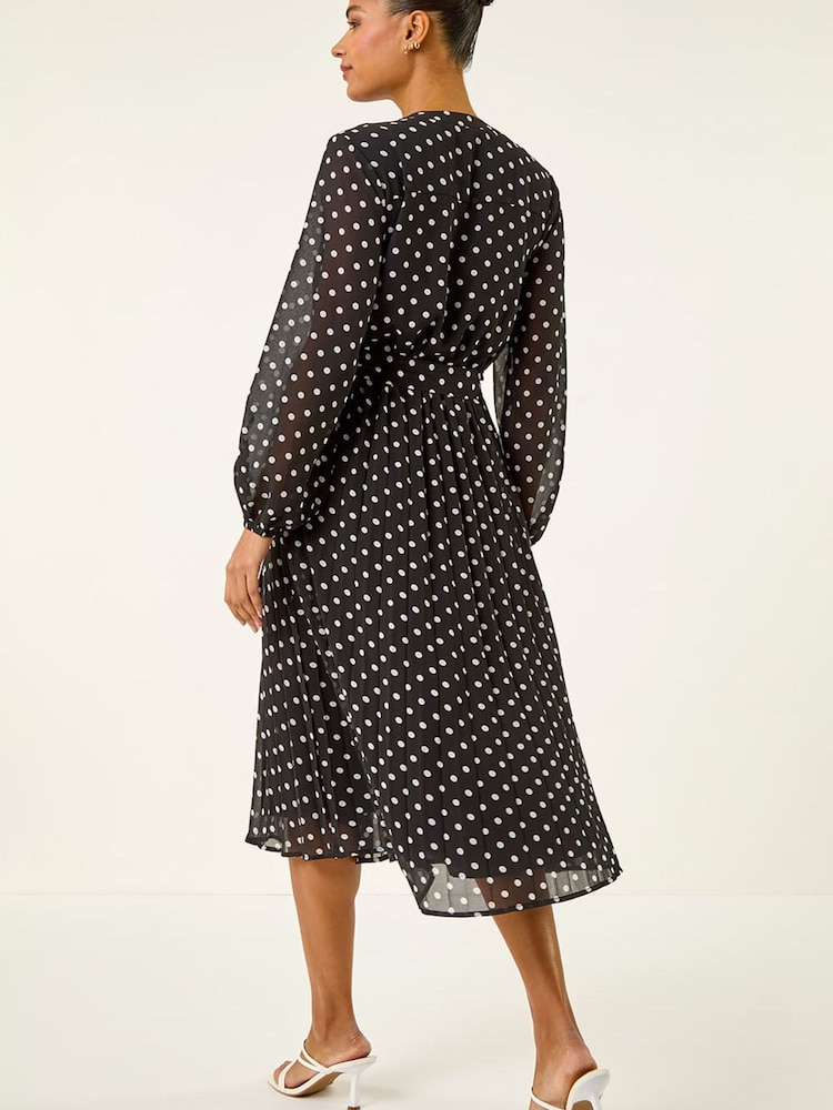 Roman Black Spot Print Pleated Midi Dress - Image 2 of 5