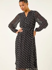 Roman Black Spot Print Pleated Midi Dress - Image 3 of 5
