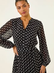 Roman Black Spot Print Pleated Midi Dress - Image 4 of 5