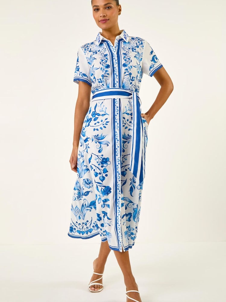 Roman Blue Floral Border Print Collared Shirt Dress - Image 1 of 5 Roman Blue Floral Border Print Collared Shirt Dress - Image 1 of 5