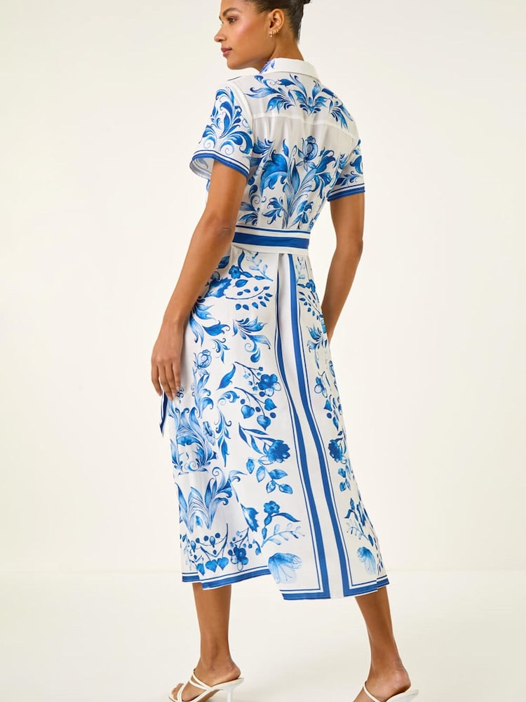 Roman Blue Floral Border Print Collared Shirt Dress - Image 2 of 5 Roman Blue Floral Border Print Collared Shirt Dress - Image 2 of 5
