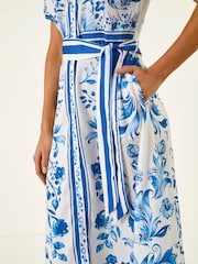 Roman Blue Floral Border Print Collared Shirt Dress - Image 4 of 5