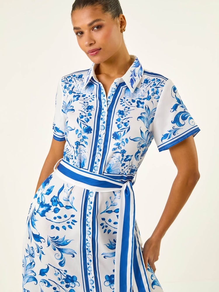 Roman Blue Floral Border Print Collared Shirt Dress - Image 5 of 5 Roman Blue Floral Border Print Collared Shirt Dress - Image 5 of 5