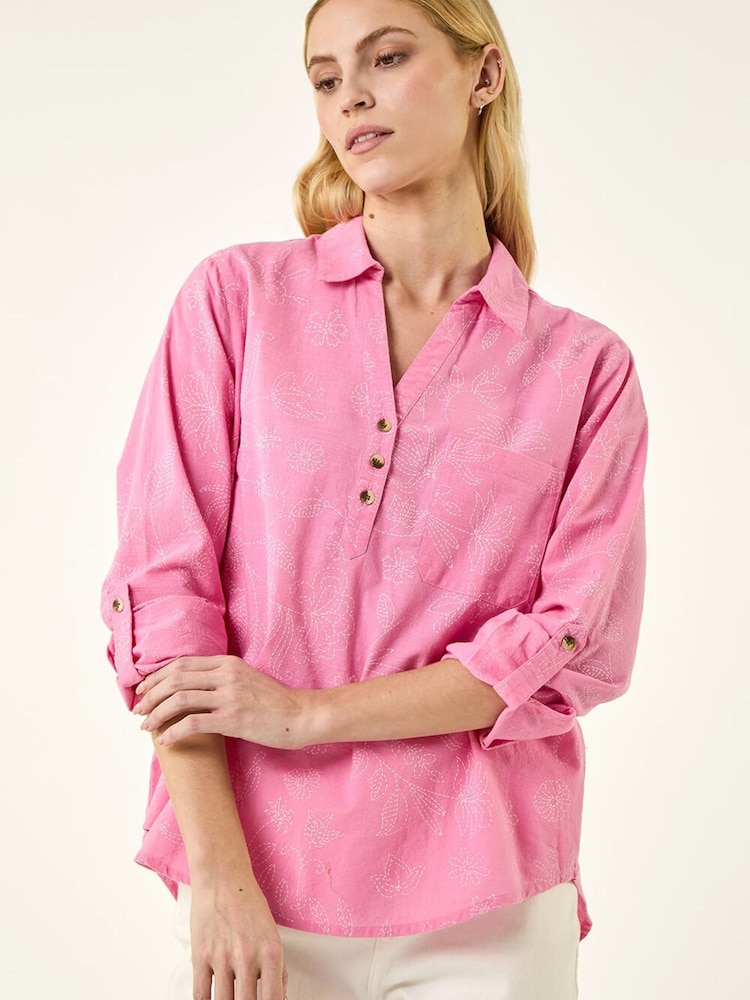 Roman Pink Floral Print Collar V-Neck Shirt - Image 2 of 5 Roman Pink Floral Print Collar V-Neck Shirt - Image 2 of 5