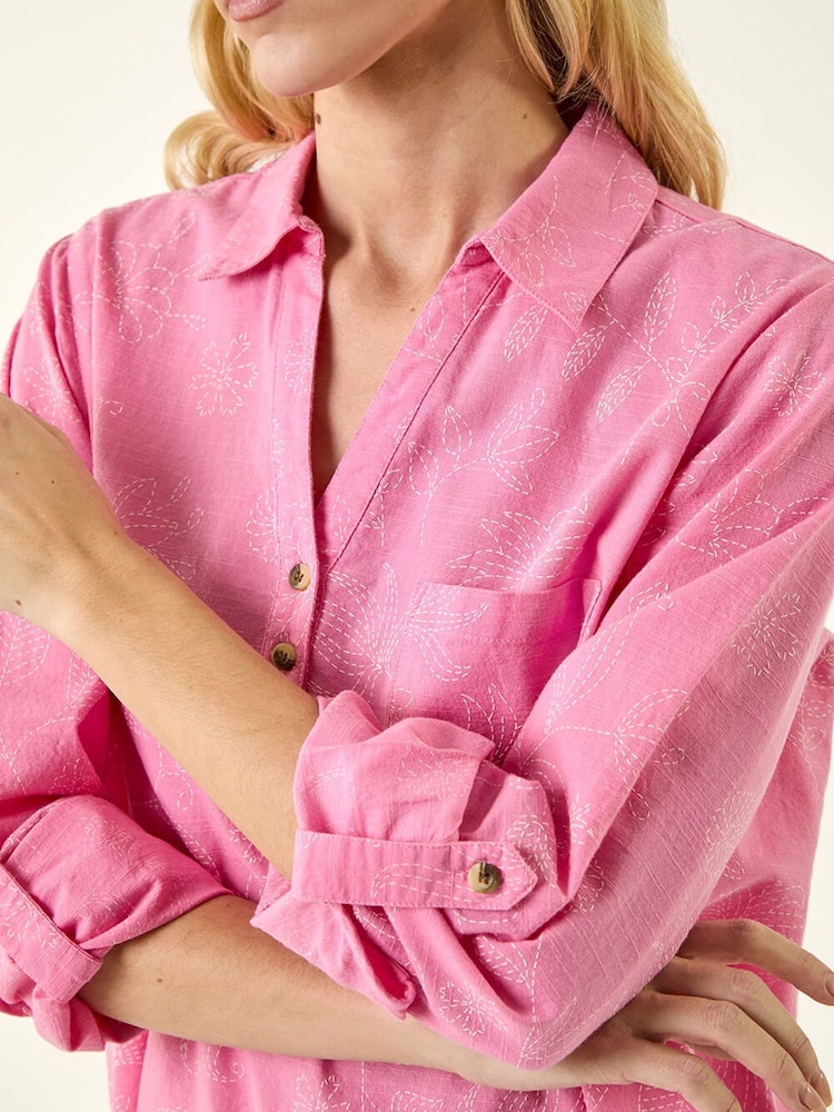 Roman Pink Floral Print Collar V-Neck Shirt - Image 5 of 5 Roman Pink Floral Print Collar V-Neck Shirt - Image 5 of 5