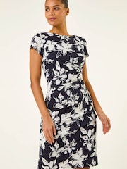 Roman Blue Floral Gathered Shift Dress - Image 1 of 5