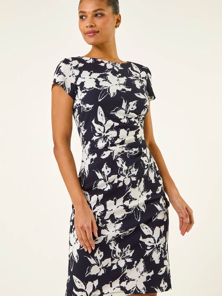 Roman Blue Floral Gathered Shift Dress - Image 1 of 5 Roman Blue Floral Gathered Shift Dress - Image 1 of 5