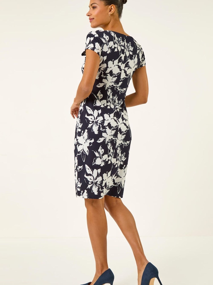 Roman Blue Floral Gathered Shift Dress - Image 2 of 5 Roman Blue Floral Gathered Shift Dress - Image 2 of 5