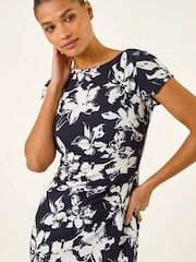 Roman Blue Floral Gathered Shift Dress - Image 4 of 5