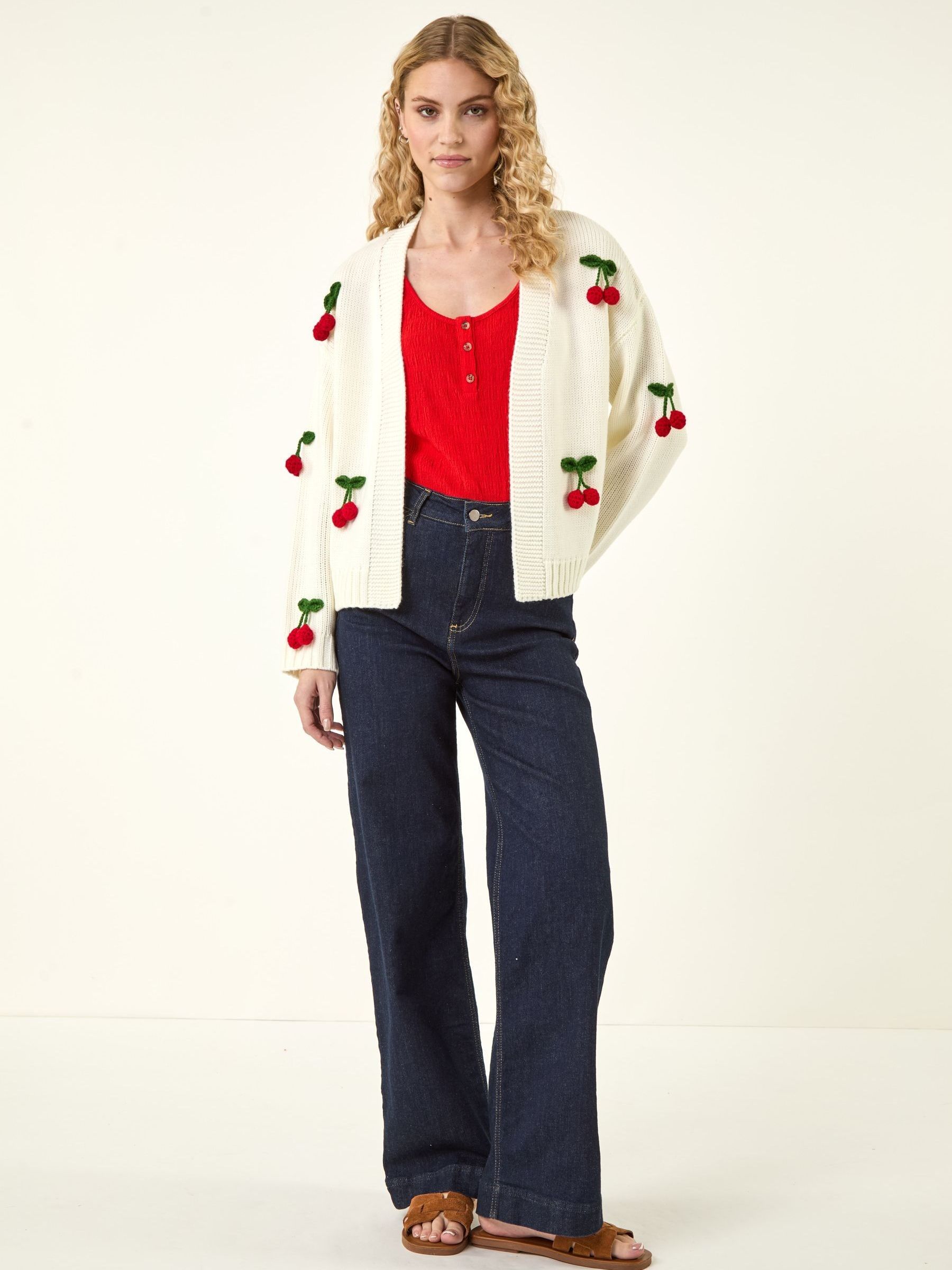 Buy Roman White Crochet Cherry Knit Cardigan from Next India