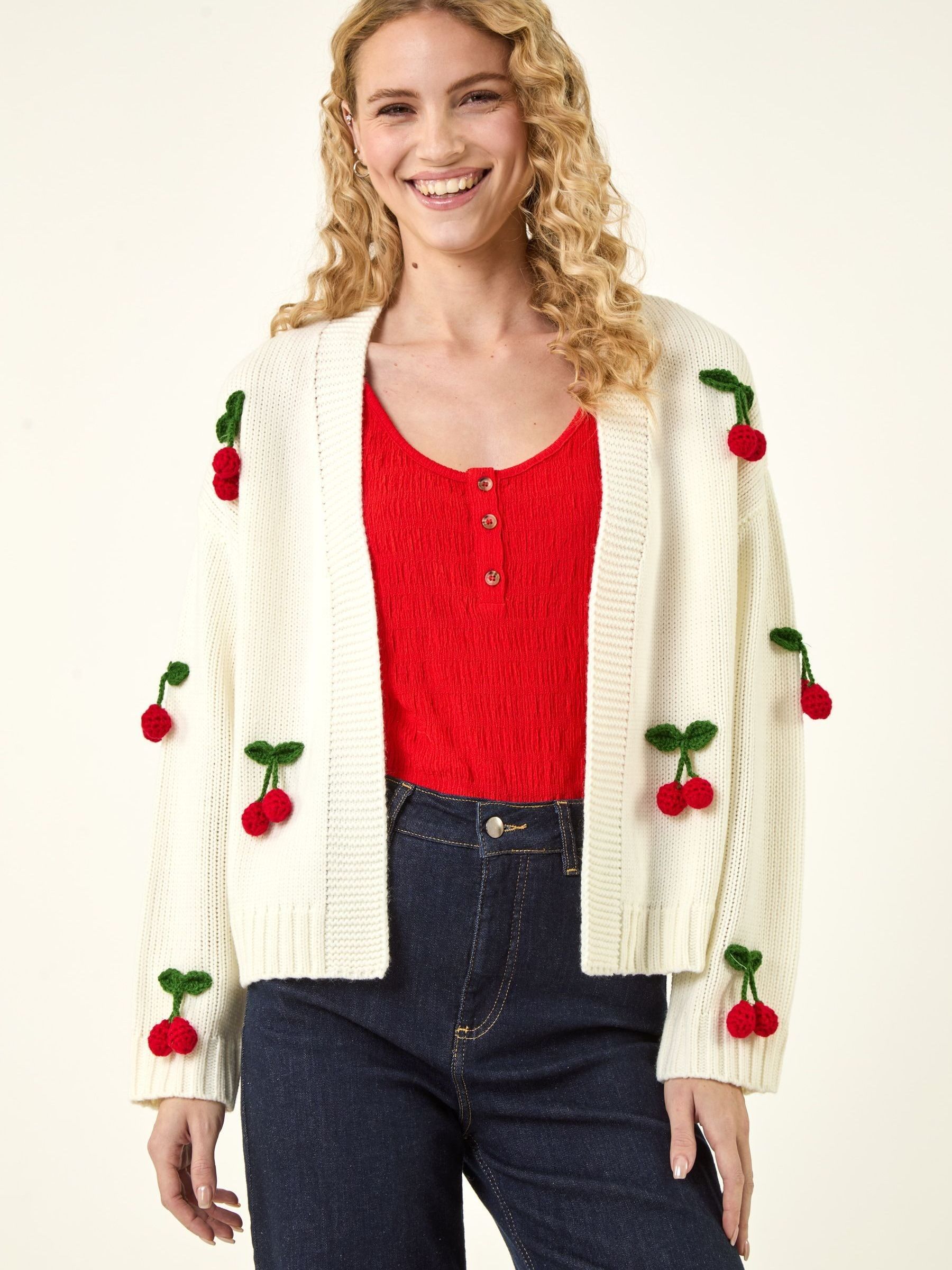 Buy Roman White Crochet Cherry Knit Cardigan from Next India