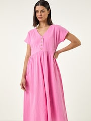 Roman Pink Linen Look Button Midi Dress - Image 1 of 5