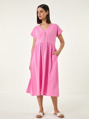 Roman Pink Linen Look Button Midi Dress - Image 3 of 5