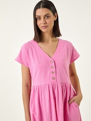 Roman Pink Linen Look Button Midi Dress - Image 4 of 5