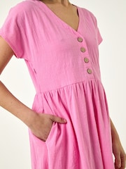 Roman Pink Linen Look Button Midi Dress - Image 5 of 5