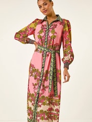 Roman Pink Floral Print Border Shirt Midi Dress - Image 1 of 5