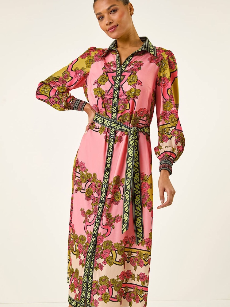 Roman Pink Floral Print Border Shirt Midi Dress - Image 1 of 5