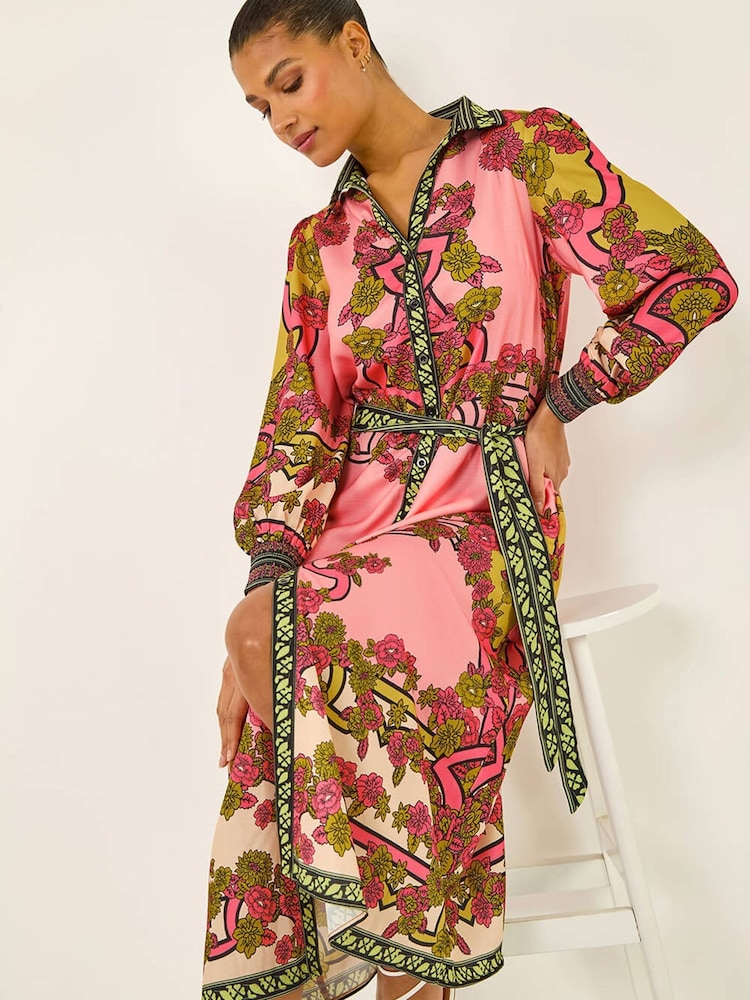 Roman Pink Floral Print Border Shirt Midi Dress - Image 5 of 5 Roman Pink Floral Print Border Shirt Midi Dress - Image 5 of 5