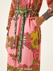 Roman Pink Floral Print Border Shirt Midi Dress - Image 5 of 5