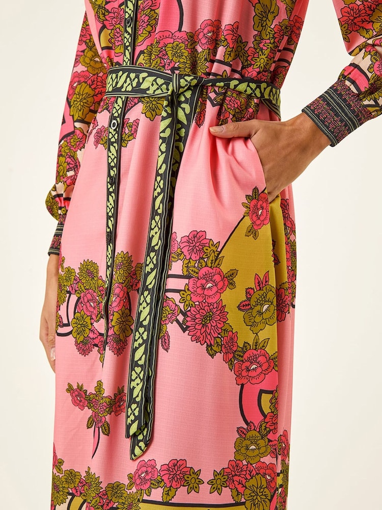 Roman Pink Floral Print Border Shirt Midi Dress - Image 5 of 5