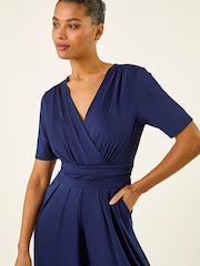 Roman Blue Wrap Bodice Belted Jumpsuit - Image 4 of 5