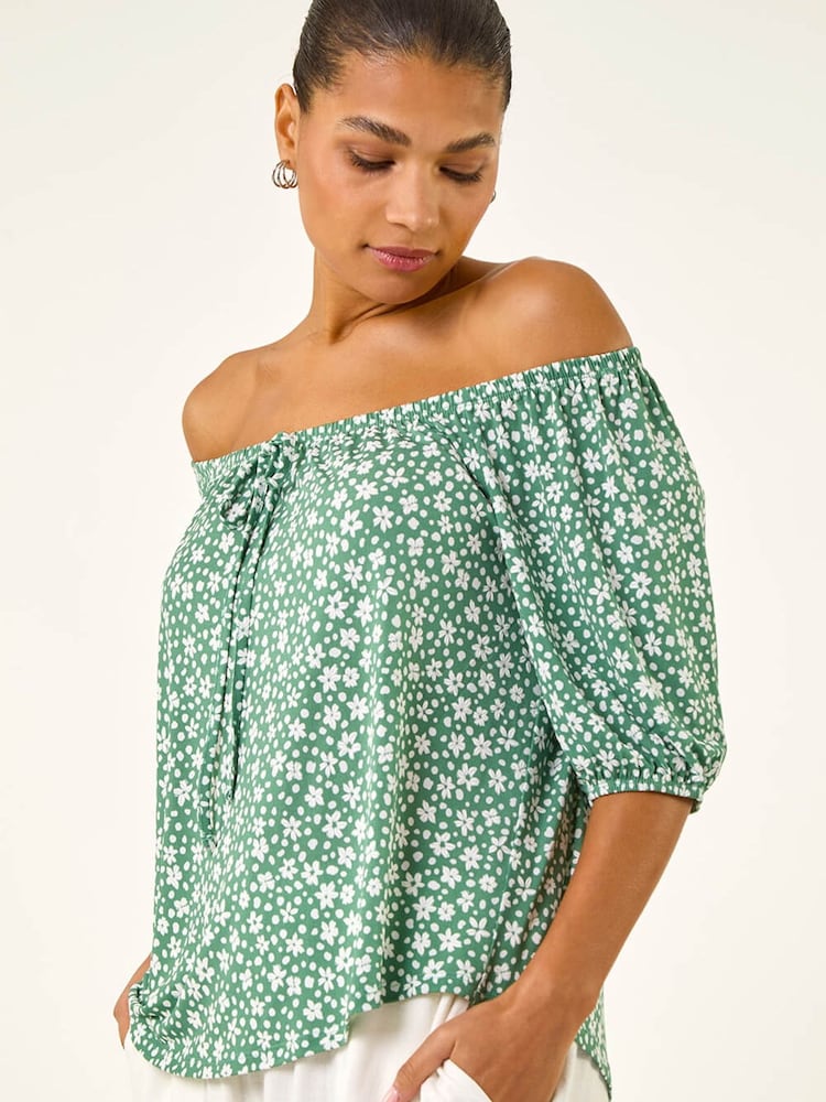 Roman Green Puff Print Bardot Top - Image 1 of 5