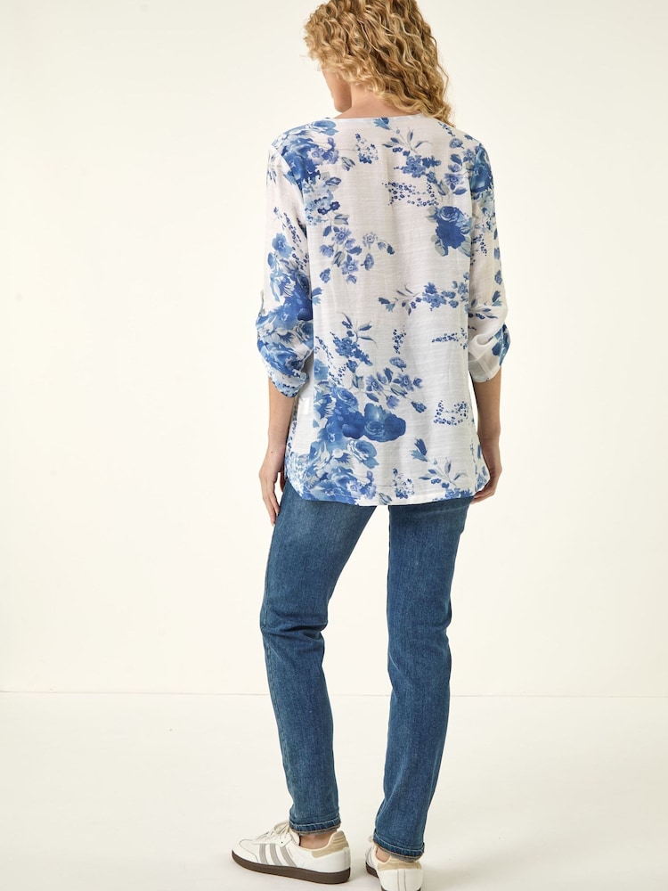 Roman Blue Floral Print Lace Trim Shirt - Image 2 of 3 Roman Blue Floral Print Lace Trim Shirt - Image 2 of 3
