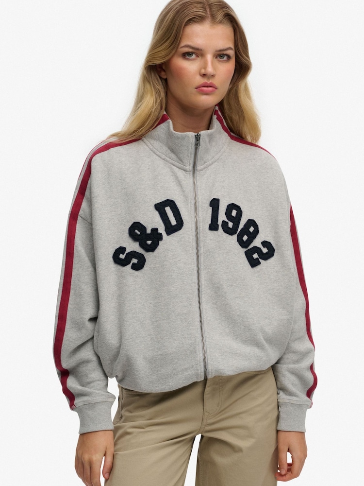 Superdry Grey Athletic Essentials Applique Loose Zip Track Top - Image 1 of 7