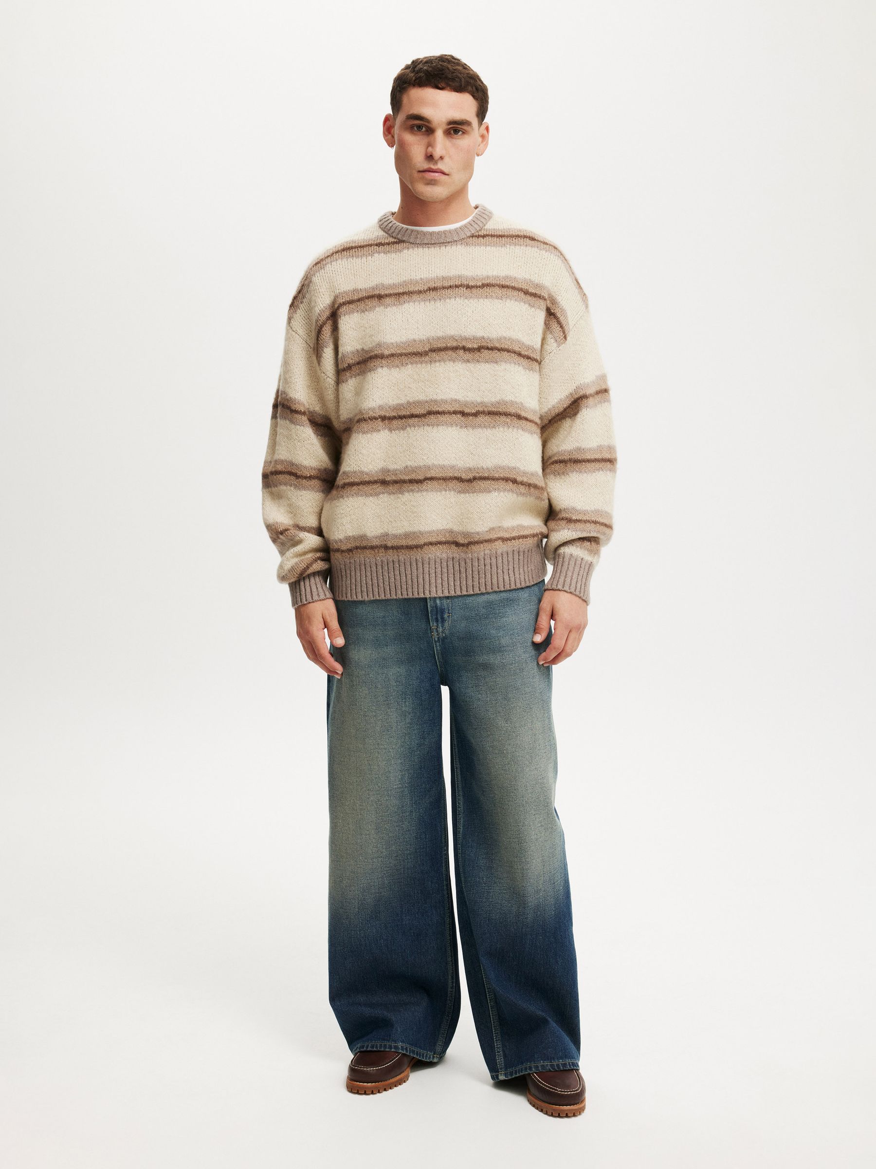 Buy Cotton On Grey Stripe Box Fit Fuzzy Crew Neck Knit Jumper from
