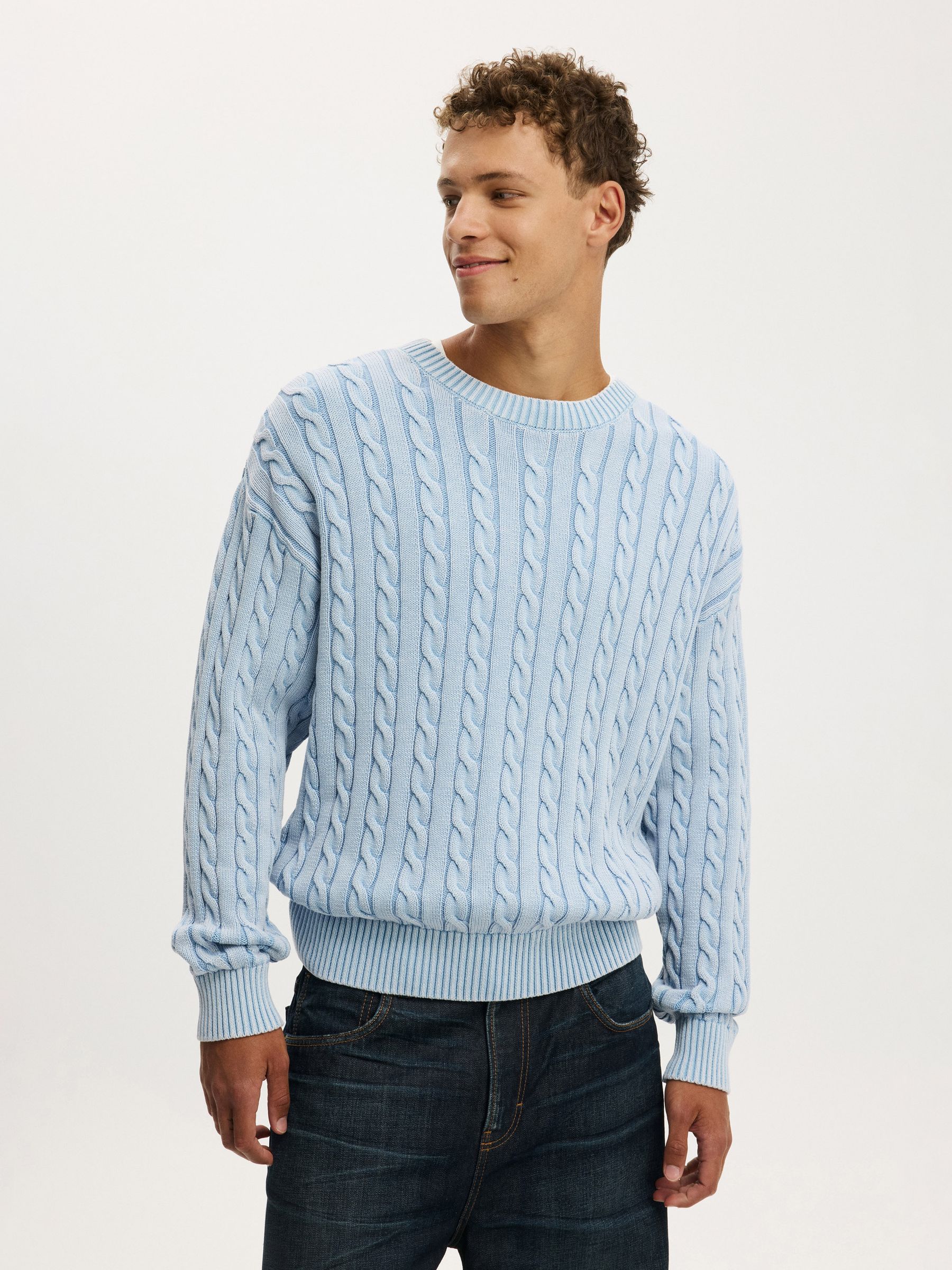 Buy Cotton On Washed Ice Blue Cable Box Fit Crew Neck Knit Jumper