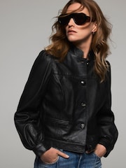 Mint Velvet Black Leather Puff Sleeve Jacket - Image 1 of 8