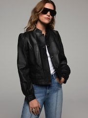 Mint Velvet Black Leather Puff Sleeve Jacket - Image 3 of 8