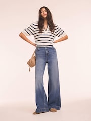 Mint Velvet White Striped Knit Denim Detail Jumper - Image 2 of 3